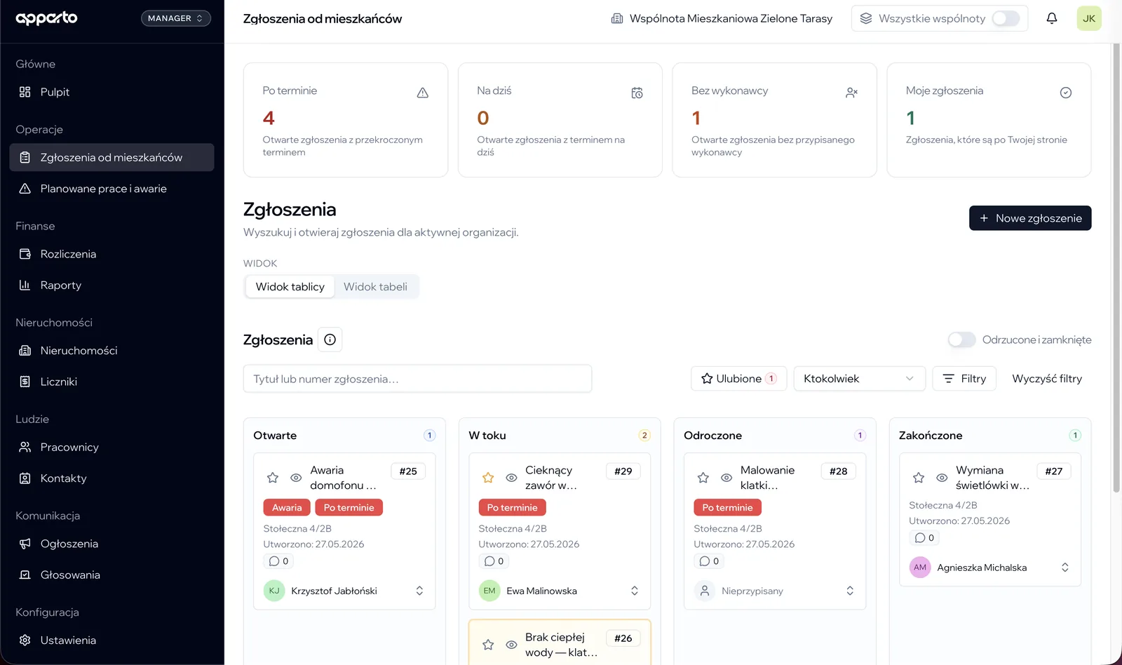 Panel zarządcy apparto — tablica zgłoszeń