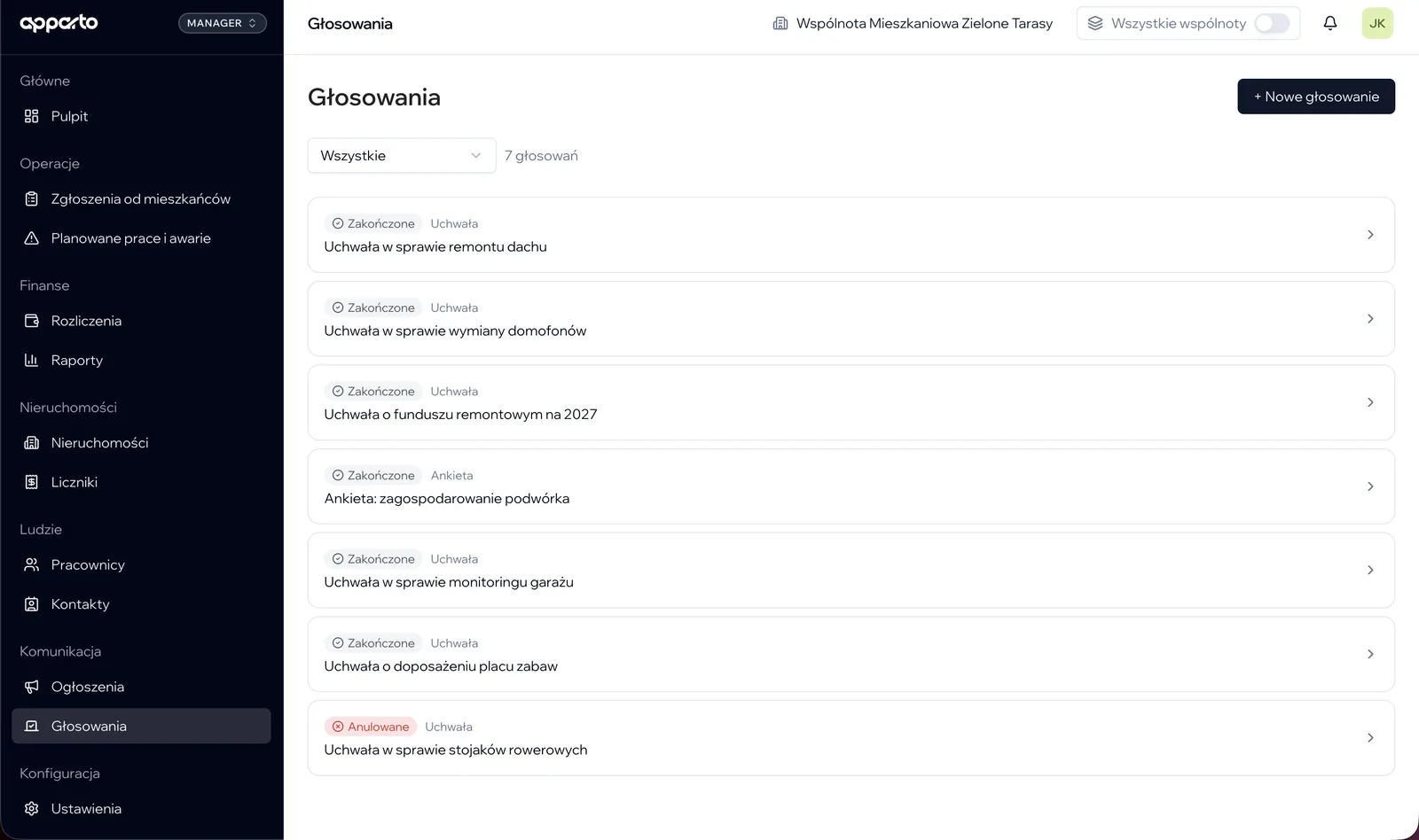 Panel zarządcy apparto — głosowania