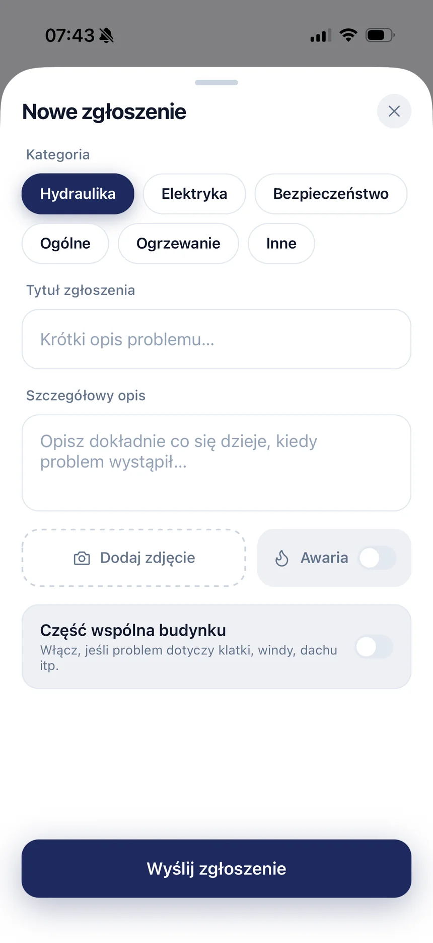 Aplikacja apparto — nowe zgłoszenie