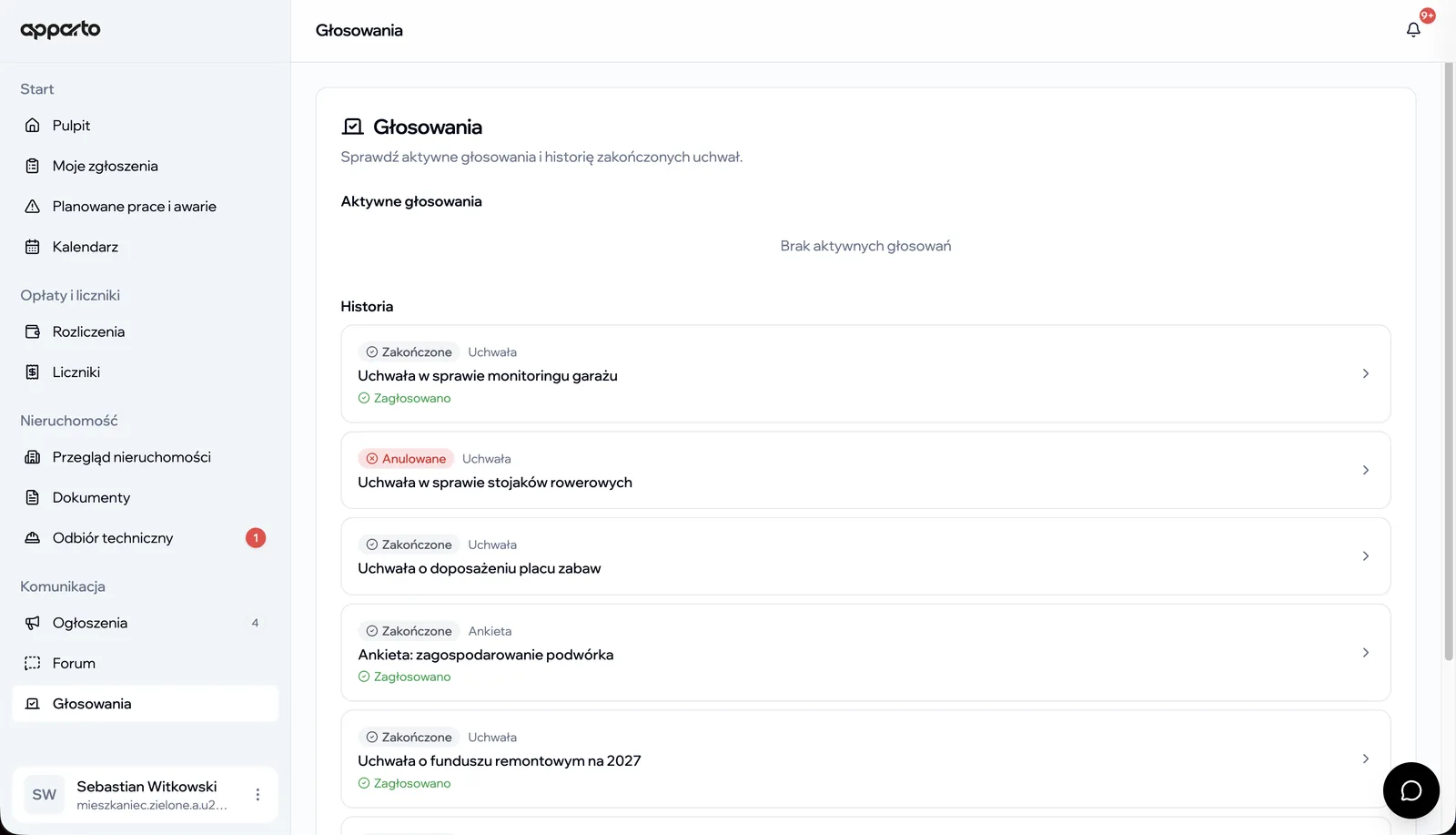 Panel mieszkańca apparto — głosowania